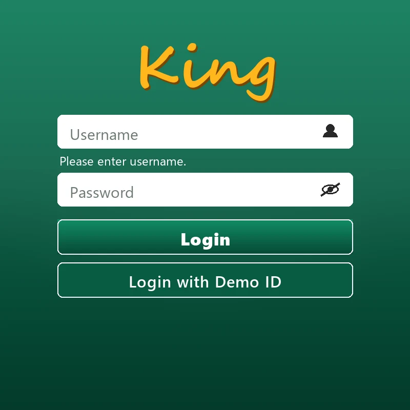 King Exchange login panel — username, password, login and demo ID buttons