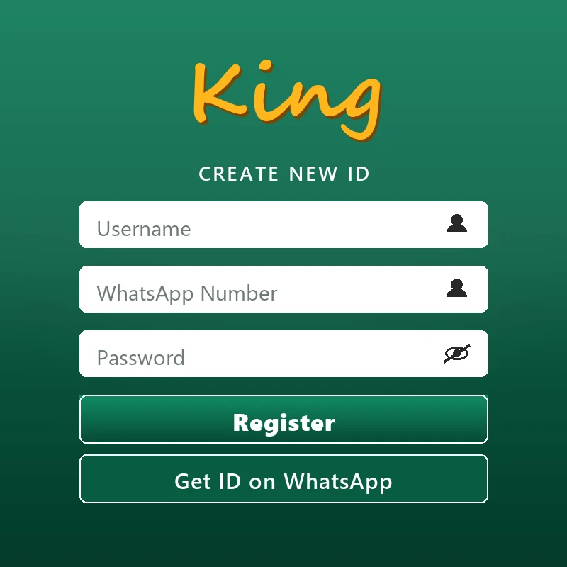King Exchange sign up panel with username, WhatsApp number and password fields